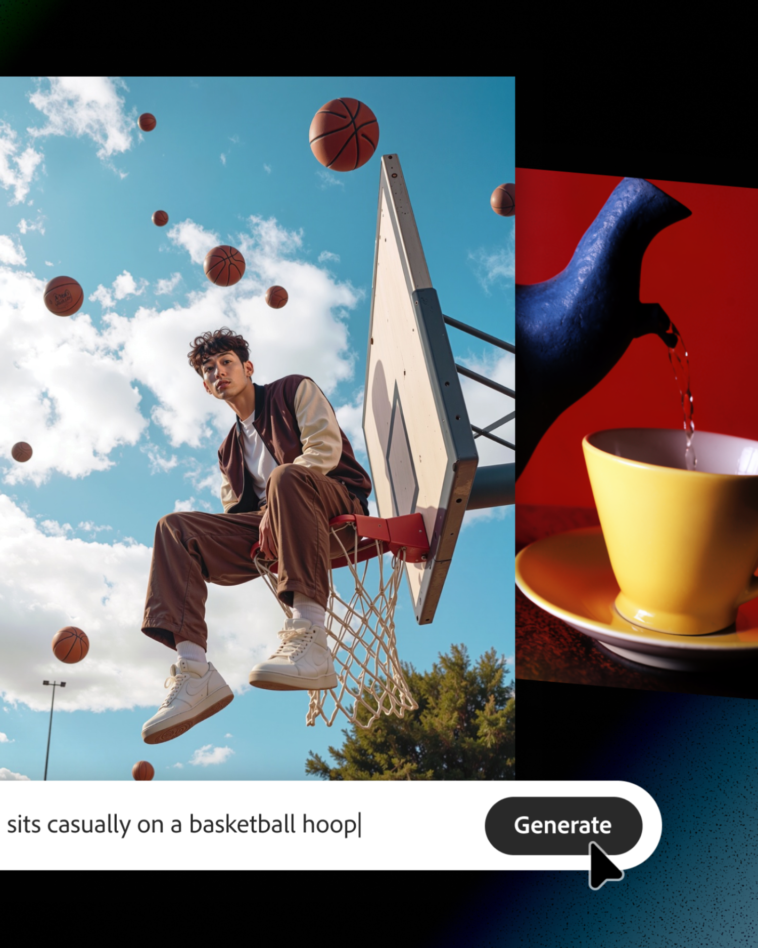 Prompt bar generating an image of a man sitting on a basketball hoop